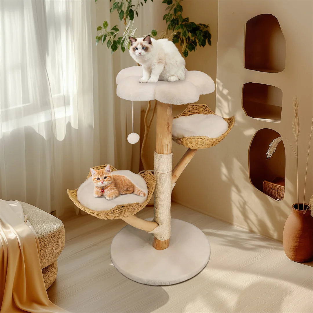 110Cm Modern Cat Furniture Climbing Tree Solid Wood Activity Center with Scratching Post for Kitty